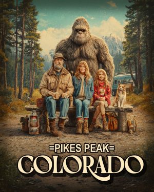 Bigfoot on Family Camping Trip -  Pikes Peak Souvenir Art Print