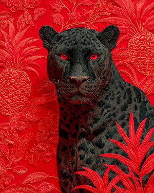 Black Leopard on Red - Wildlife Art Print