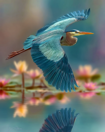 Great Blue Heron Flying Over Lotus Flowers Art Print