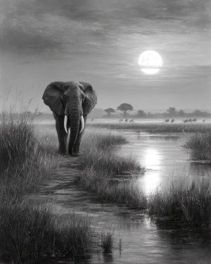 Bull Elephant Heading Home - Black and White Wildlife Art Print