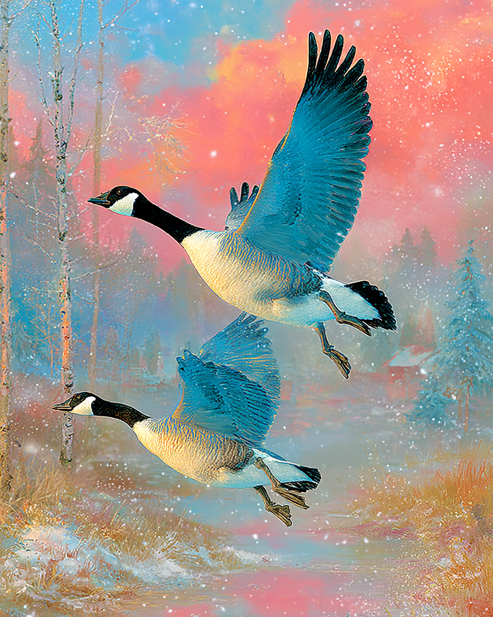 Whimsical Pair of Flying Geese - Canada Goose Art Print