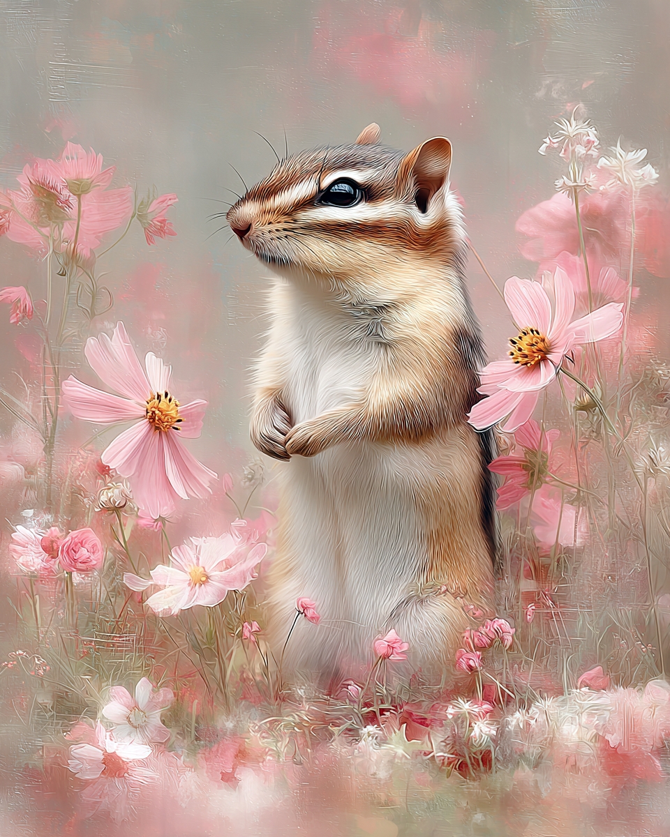 Chipmunk in Pink Wildflowers Art Print