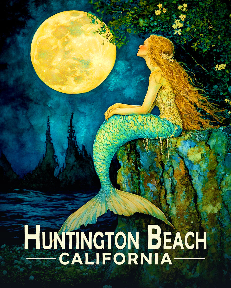 Huntington Beach California Souvenir Art Print - Contemplating Mermaid