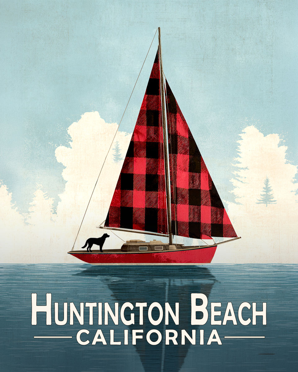 Huntington Beach California Souvenir Art Print - Buffalo Plaid Sailboat