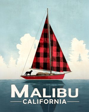 Malibu California Souvenir Art Print - Buffalo Plaid Sailboat