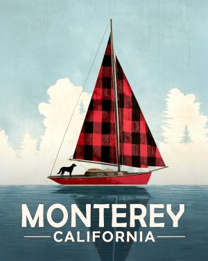 Monterey California Souvenir Art Print - Buffalo Plaid Sailboat