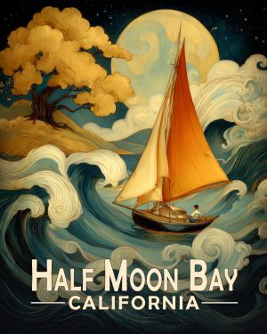 Half Moon Bay California Souvenir Art Print - Sailboat in Rough Water