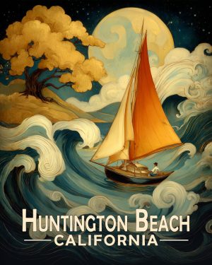 Huntington Beach California Souvenir Art Print - Sailboat in Rough Water
