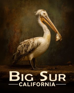 Big Sur California Souvenir Art Print - Pelican with Fish
