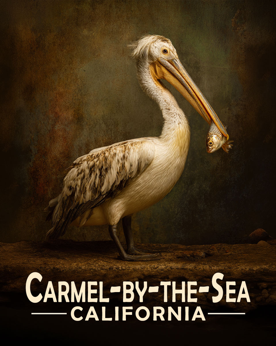 Carmel by the Sea California Souvenir Art Print - Pelican with Fish