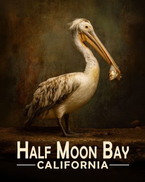 Half Moon Bay California Souvenir Art Print - Pelican with Fish
