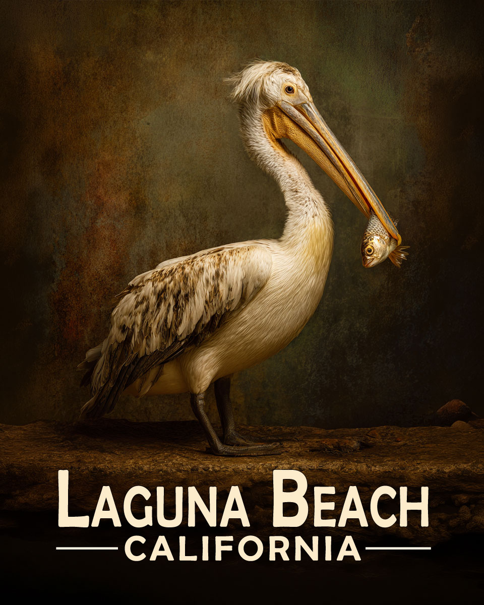 Laguna Beach California Souvenir Art Print - Pelican with Fish