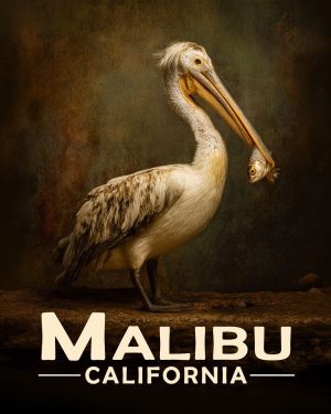 Malibu California Souvenir Art Print - Pelican with Fish