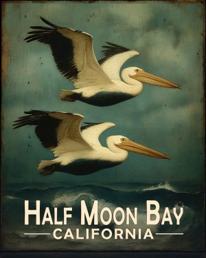 Half Moon Bay California Souvenir Art Print - Pelicans Flying By