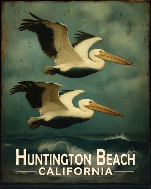 Huntington Beach California Souvenir Art Print - Pelicans Flying By
