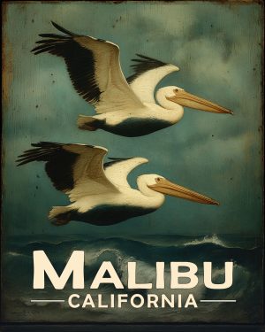 Malibu California Souvenir Art Print - Pelicans Flying By
