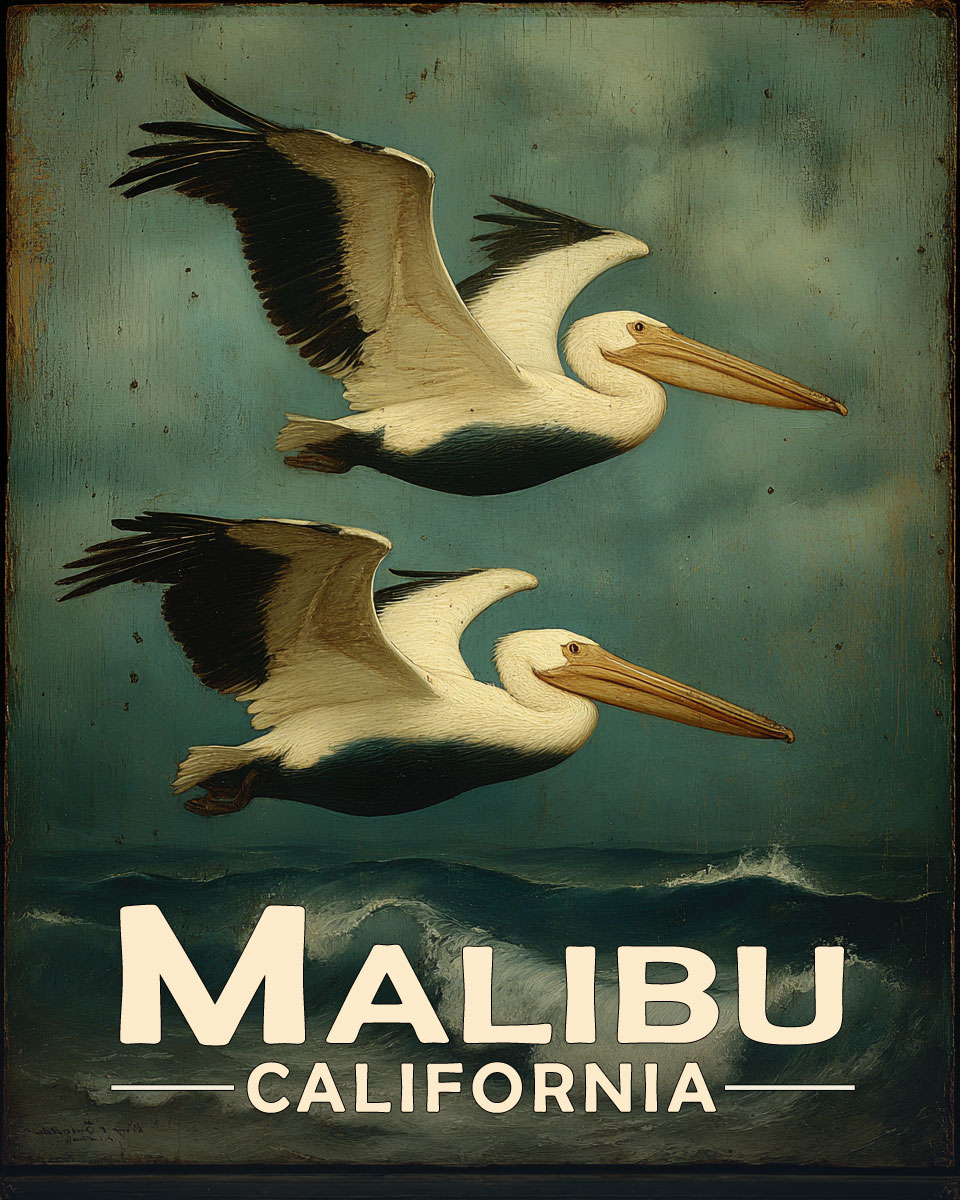 Malibu California Souvenir Art Print - Pelicans Flying By