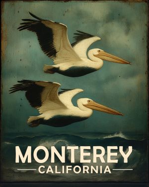 Monterey California Souvenir Art Print - Pelicans Flying By