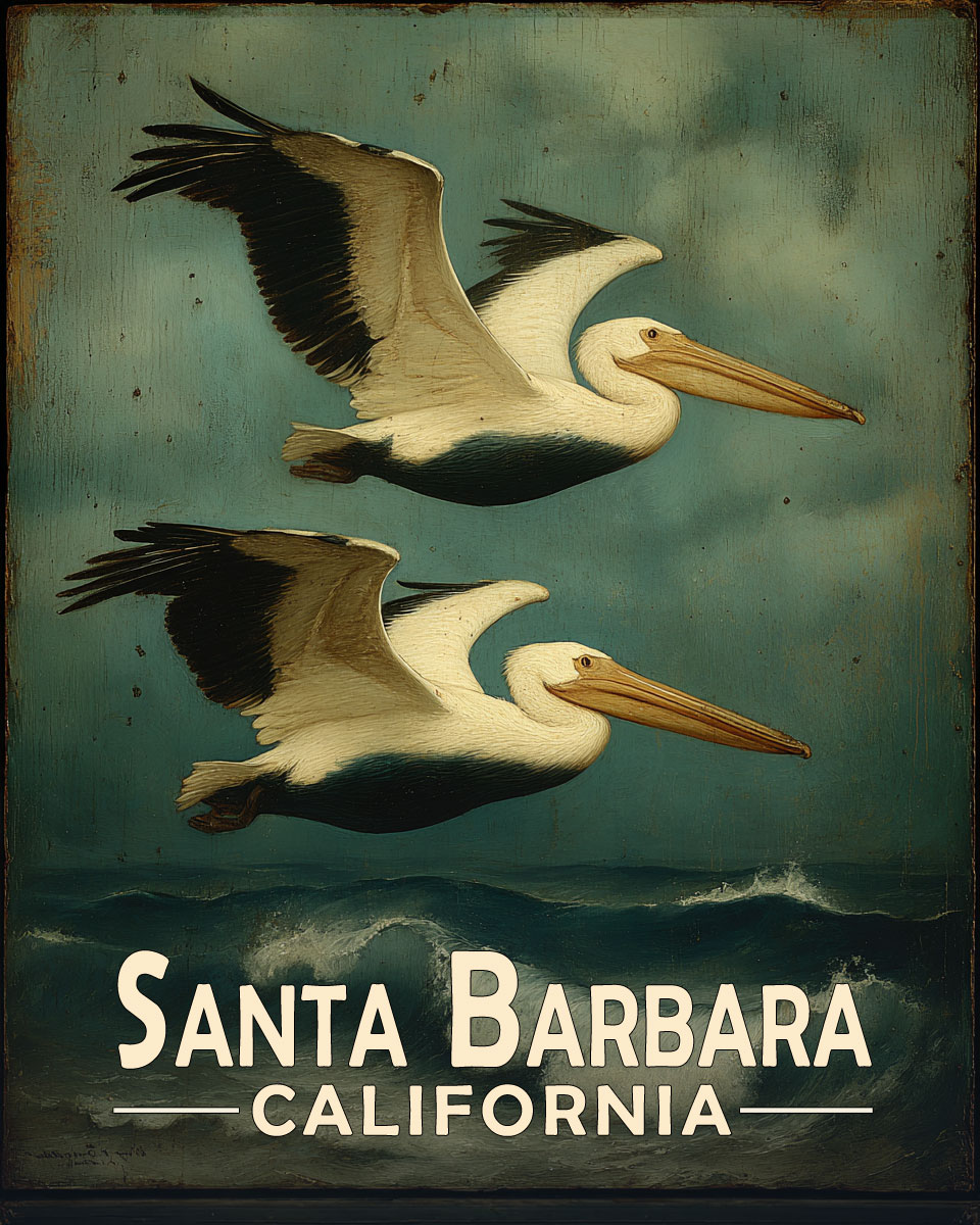 Santa Barbara California Souvenir Art Print - Pelicans Flying By