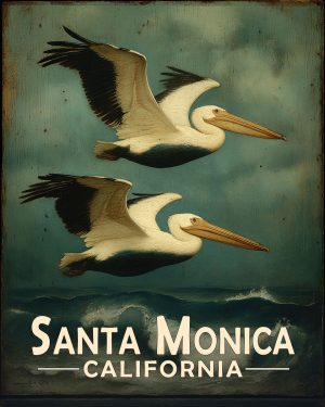 Santa Monica California Souvenir Art Print - Pelicans Flying By