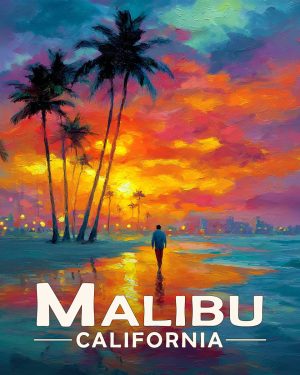 Malibu California Souvenir Art Print - Sunset Walk on the Beach