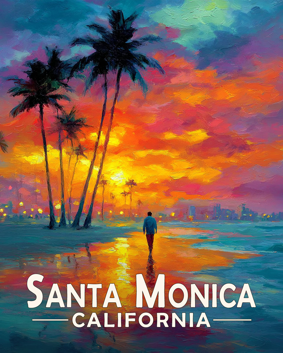 Santa Monica California Souvenir Art Print - Sunset Walk on the Beach
