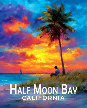 Half Moon Bay California Souvenir Art Print - Sunset Read on the Beach