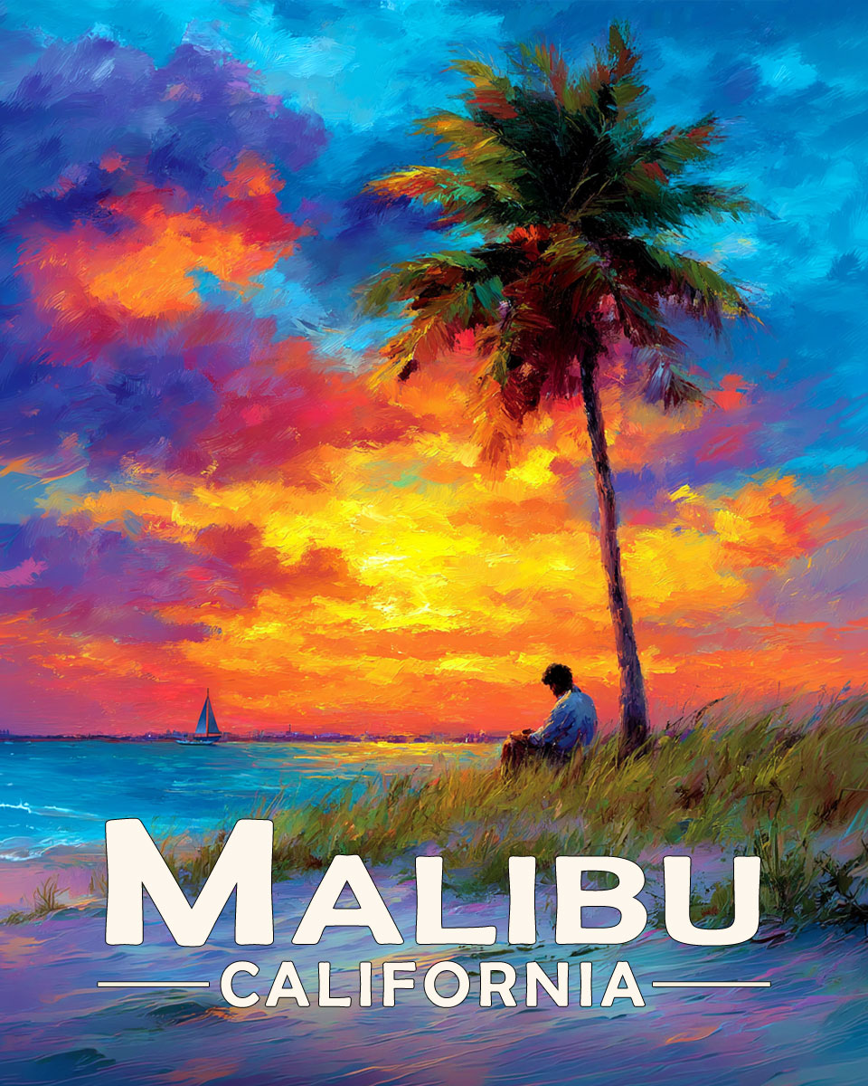 Malibu California Souvenir Art Print - Sunset Read on the Beach