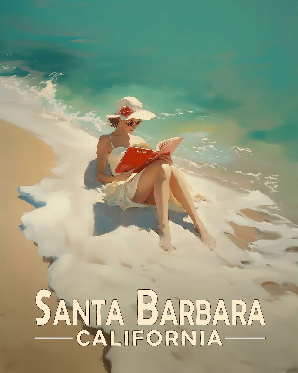 Santa Barbara California Souvenir Art Print - Oblivious Reader on the Beach