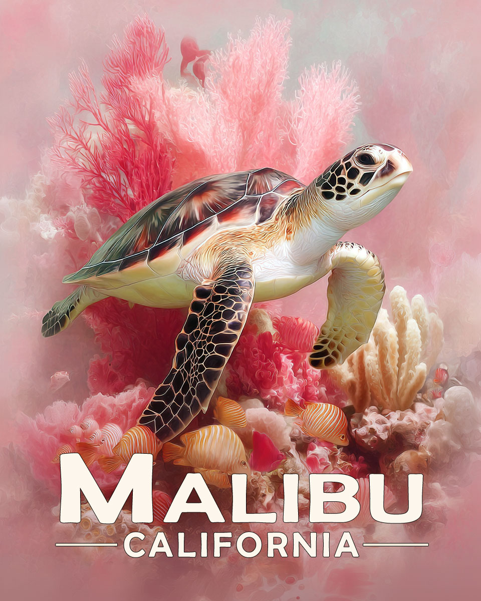 Malibu California Souvenir Art Print - Pink Sea Turtle