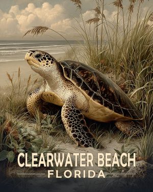 Clearwater Beach Florida Souvenir Art Print - Antique Vintage Style Sea Turtle