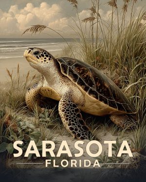 Sarasota Florida Souvenir Art Print - Antique Vintage Style Sea Turtle