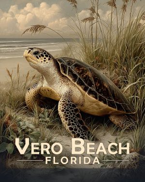 Vera Beach Florida Souvenir Art Print - Antique Vintage Style Sea Turtle