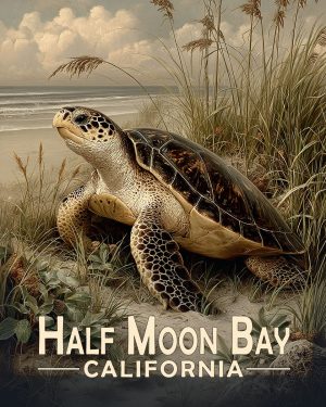 Half Moon Bay California Souvenir Art Print - Sea Turtle on the Beach