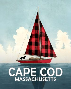 Cape Cod, Massachusetts  Souvenir Art Print - Buffalo Plaid Sailboat with Black Dog