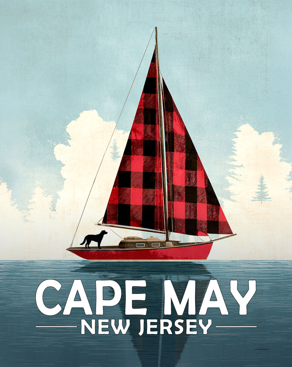 Cape May, New Jersey Souvenir Art Print - Buffalo Plaid Sailboat with Black Dog