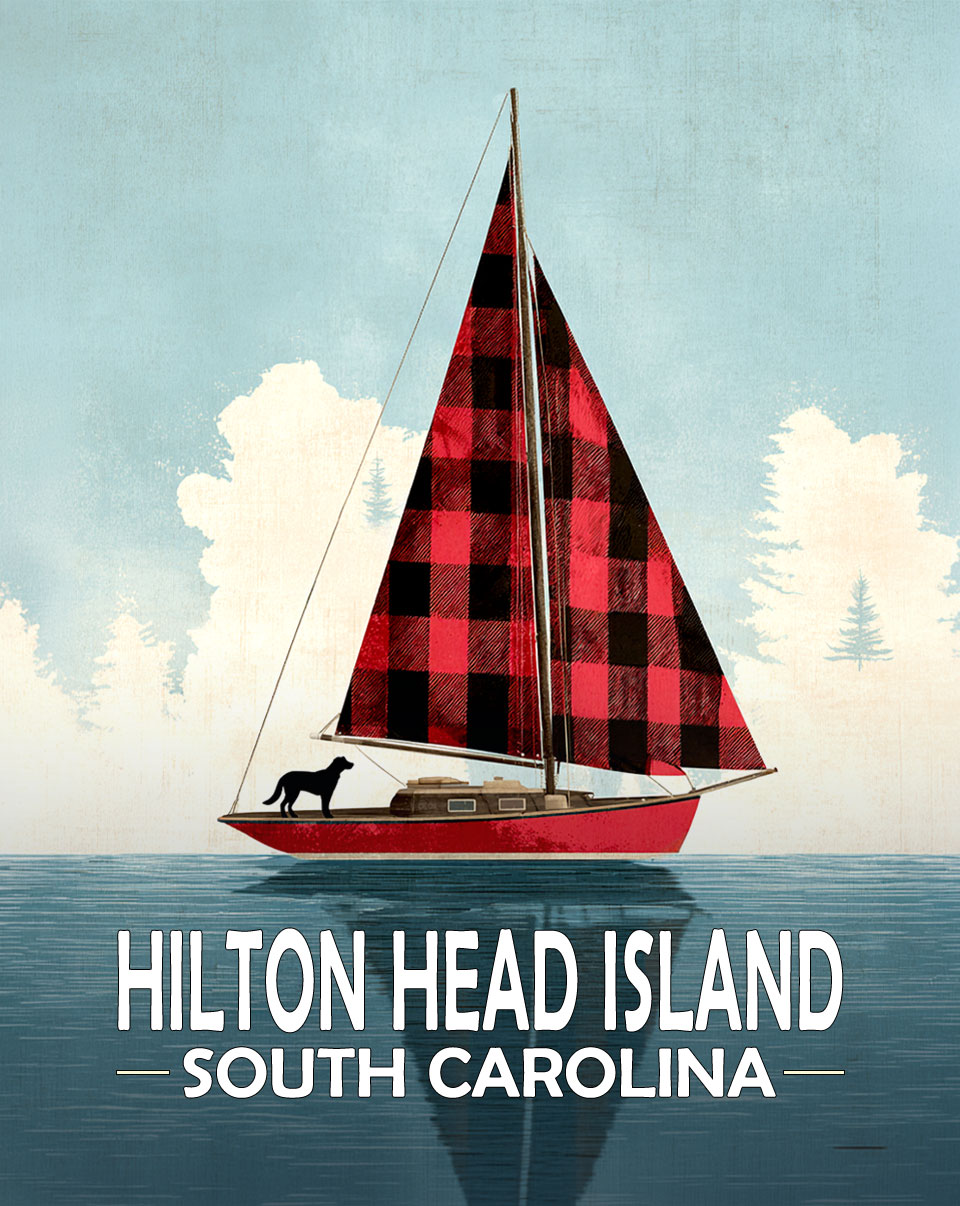 Hilton Head Island, South Carolina Souvenir Art Print - Buffalo Plaid Sailboat with Black Dog