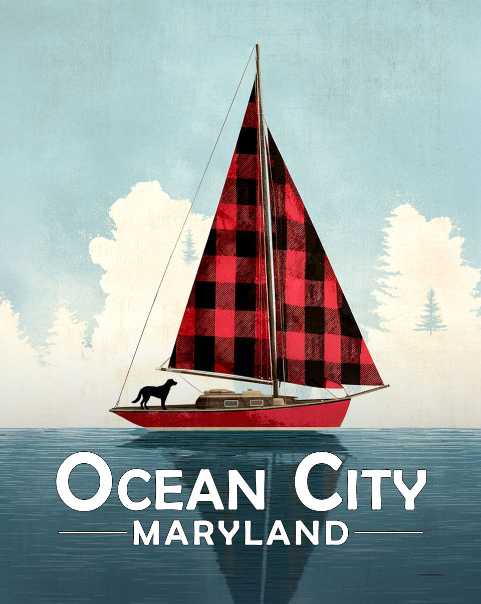 Ocean City, Maryland Souvenir Art Print - Buffalo Plaid Sailboat with Black Dog
