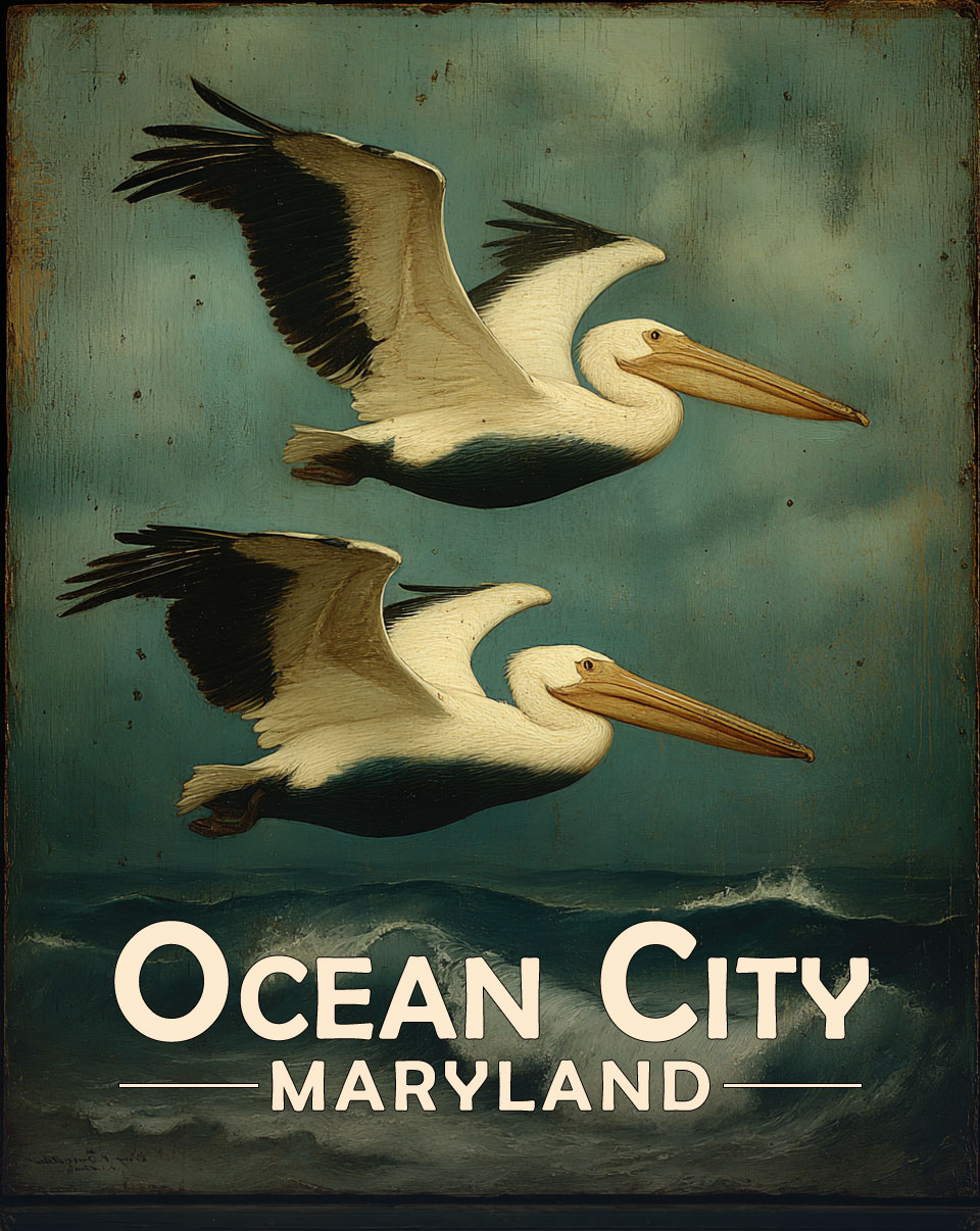 Ocean City, Maryland  Souvenir Art Print - Pellicans Flying By