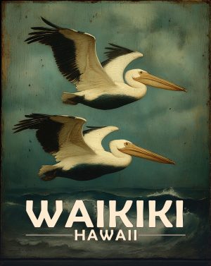Waikiki, Hawaii  Souvenir Art Print - Pellicans Flying By