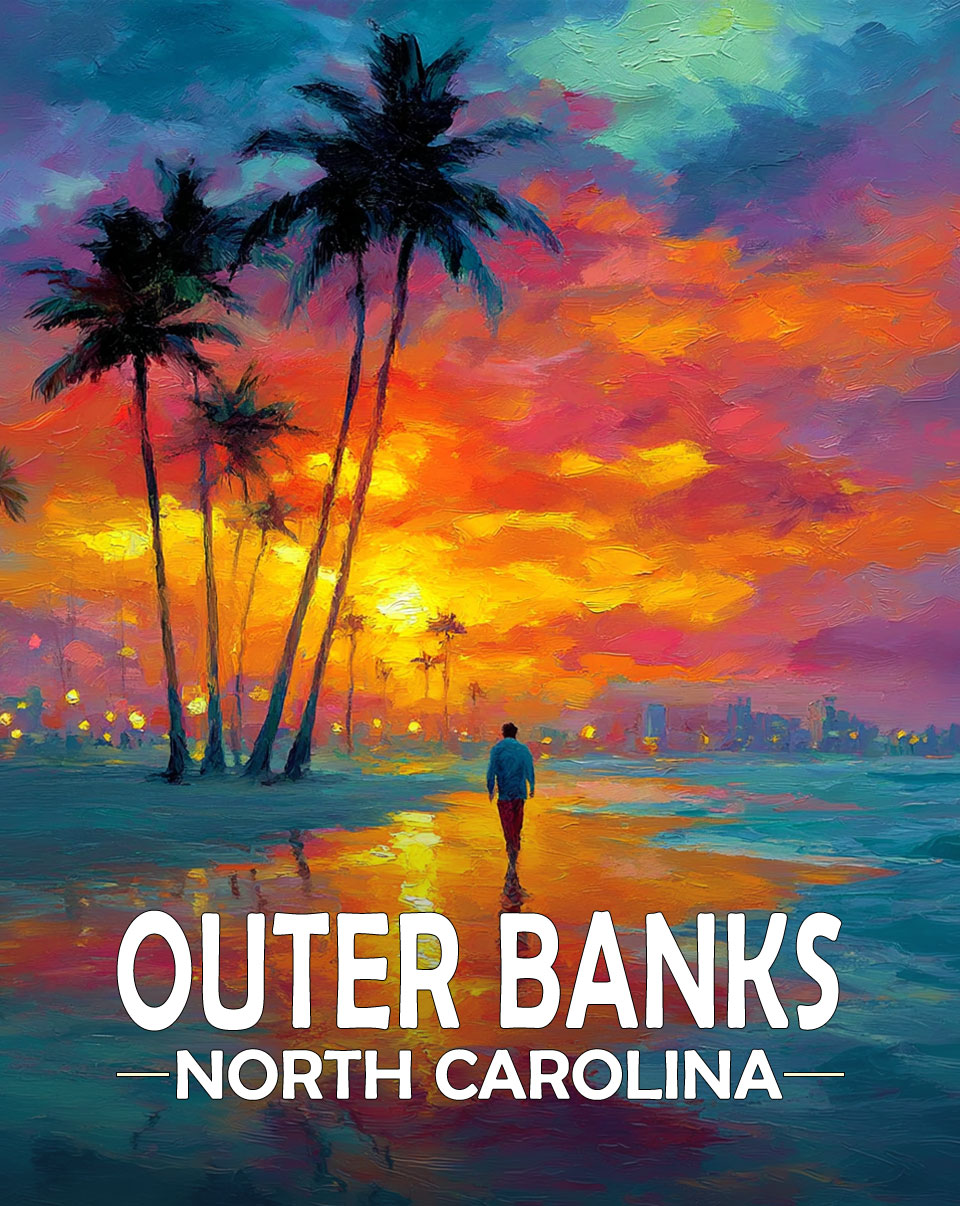 Outer Banks, North Carolina  Souvenir Art Print - Quiet Walk on the Beach at Sunset
