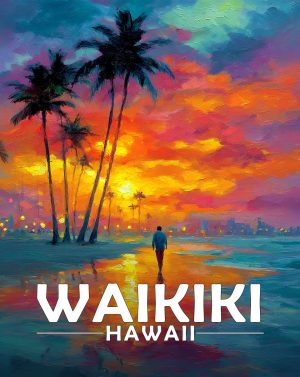 Waikiki, Hawaii  Souvenir Art Print - Quiet Walk on the Beach at Sunset