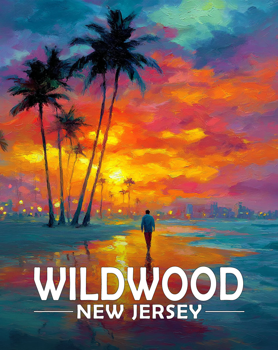 Wildwood, New Jersey  Souvenir Art Print - Quiet Walk on the Beach at Sunset