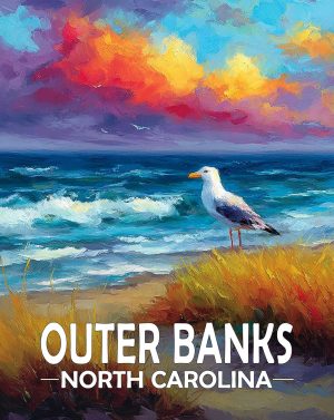 Outer Banks, North Carolina  Souvenir Art Print - Seagull on a Beach at Sunset
