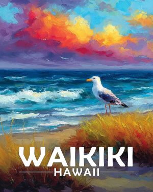 Waikiki, Hawaii  Souvenir Art Print - Seagull on a Beach at Sunset