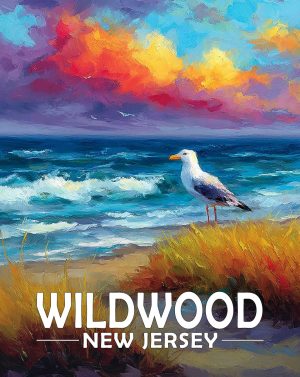 Wildwood, New Jersey  Souvenir Art Print - Seagull on a Beach at Sunset