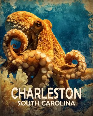 Charleston, Noth Carolina  Souvenir Art Print - Vintage Style Octopus