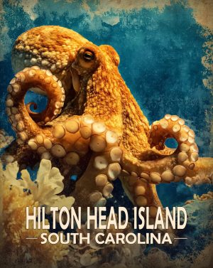 Hilton Head Island, South Carolina  Souvenir Art Print - Vintage Style Octopus