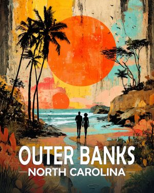 Outer Banks, North Carolina  Souvenir Art Print - Quiet Walk on the Beach at Sunset