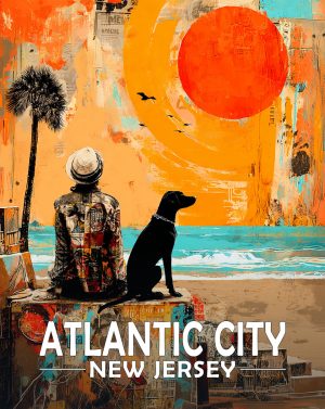 Atlantic City, New Jersey  Souvenir Art Print - Man and Dog Enjoy  the Sunrise on the Beach
